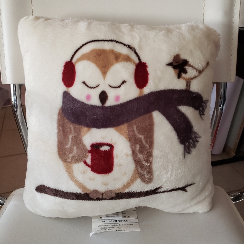Owl With Scarf & Ear Muffs Holiday Winter Pillow